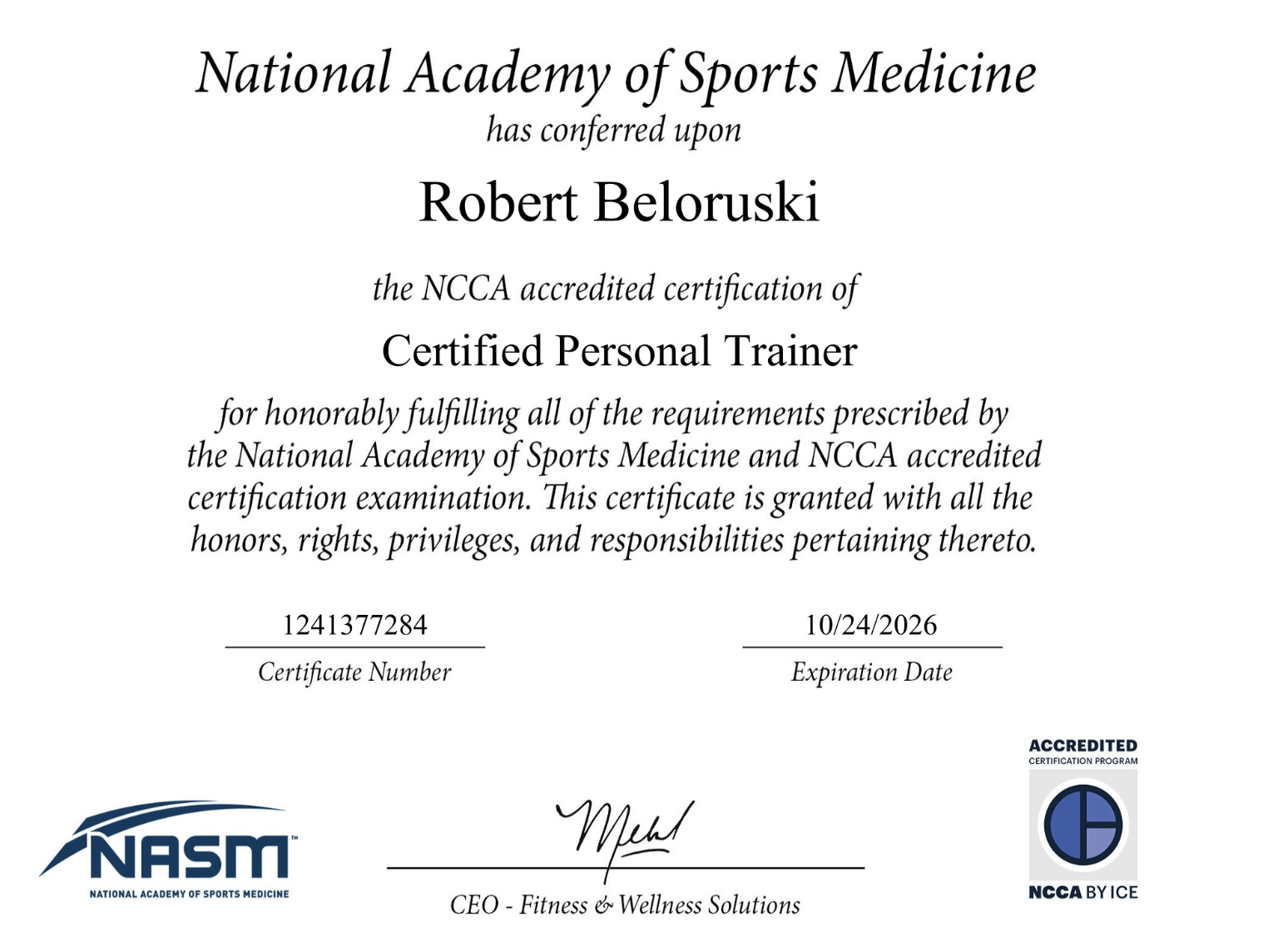 NASM Certified Personal Trainer certificate for Robert Beloruski