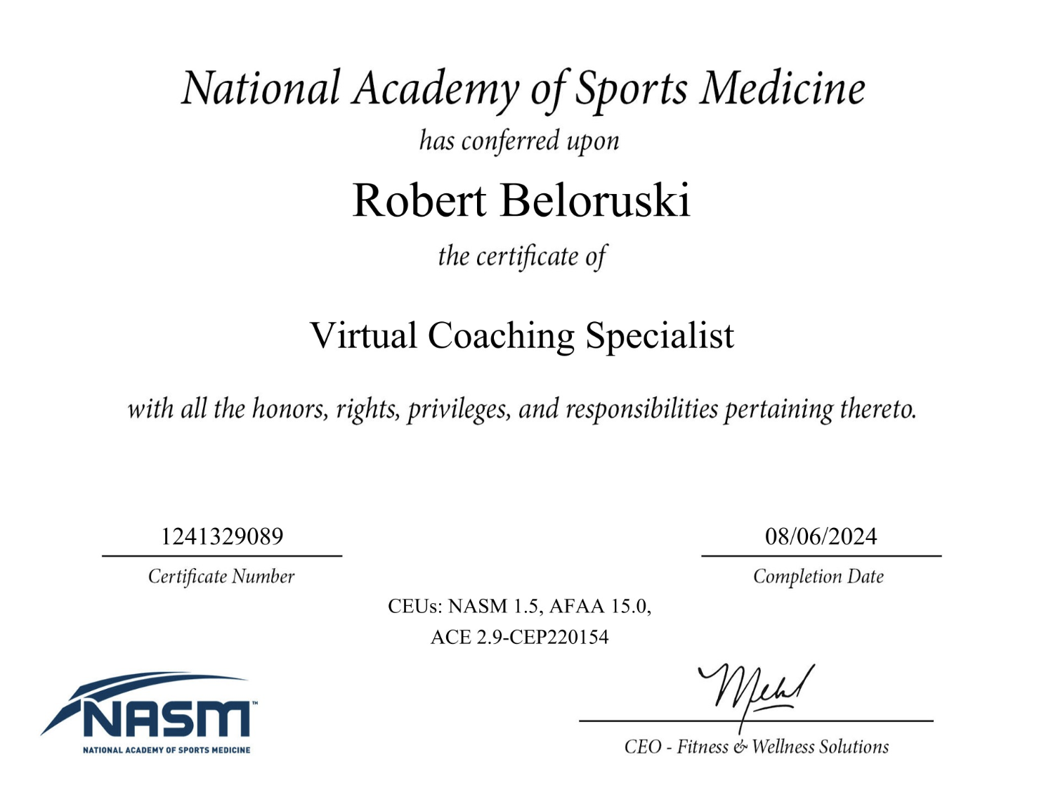 NASM Virtual Coaching Specialist certificate for Robert Beloruski