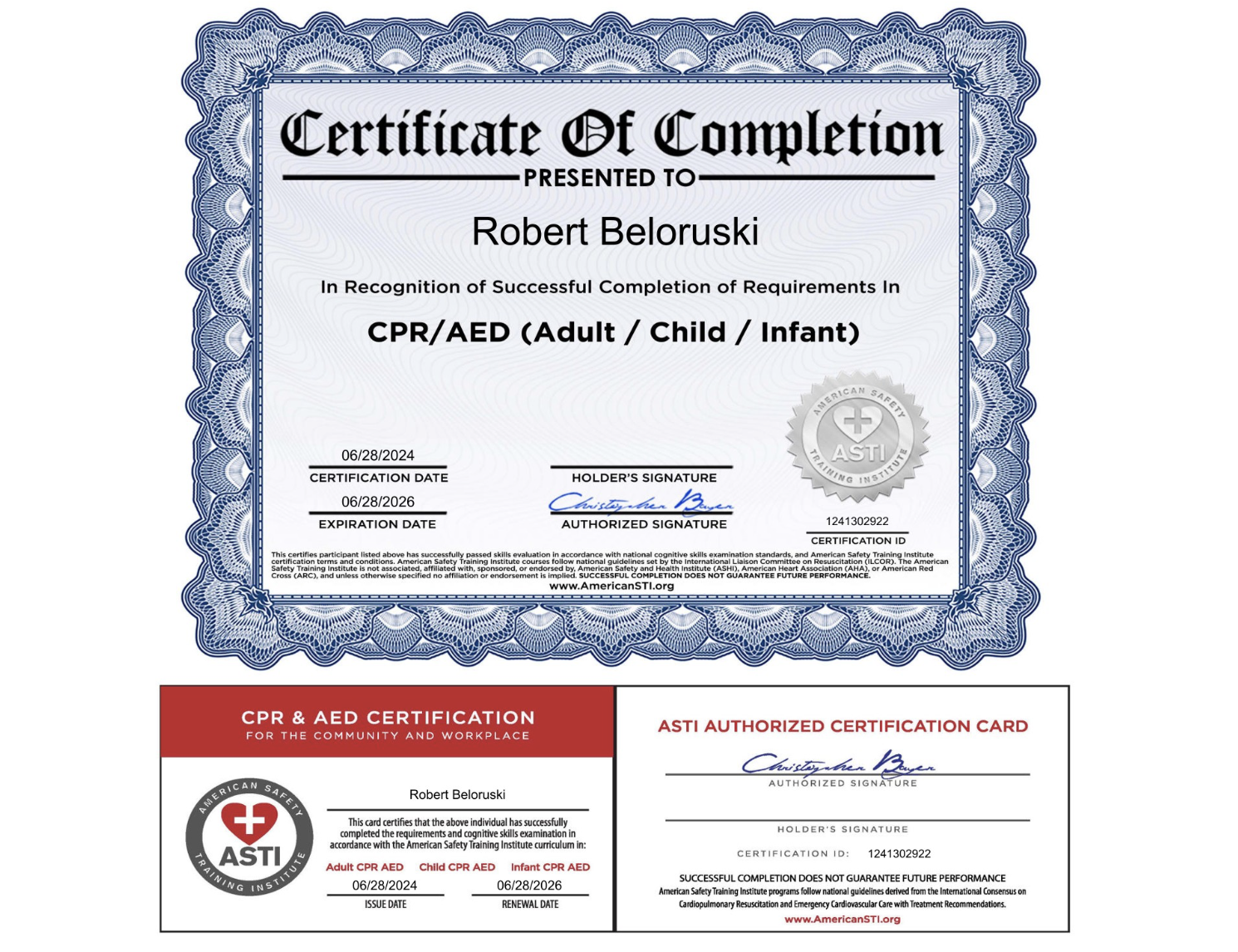 CPR & AED certificate for Robert Beloruski