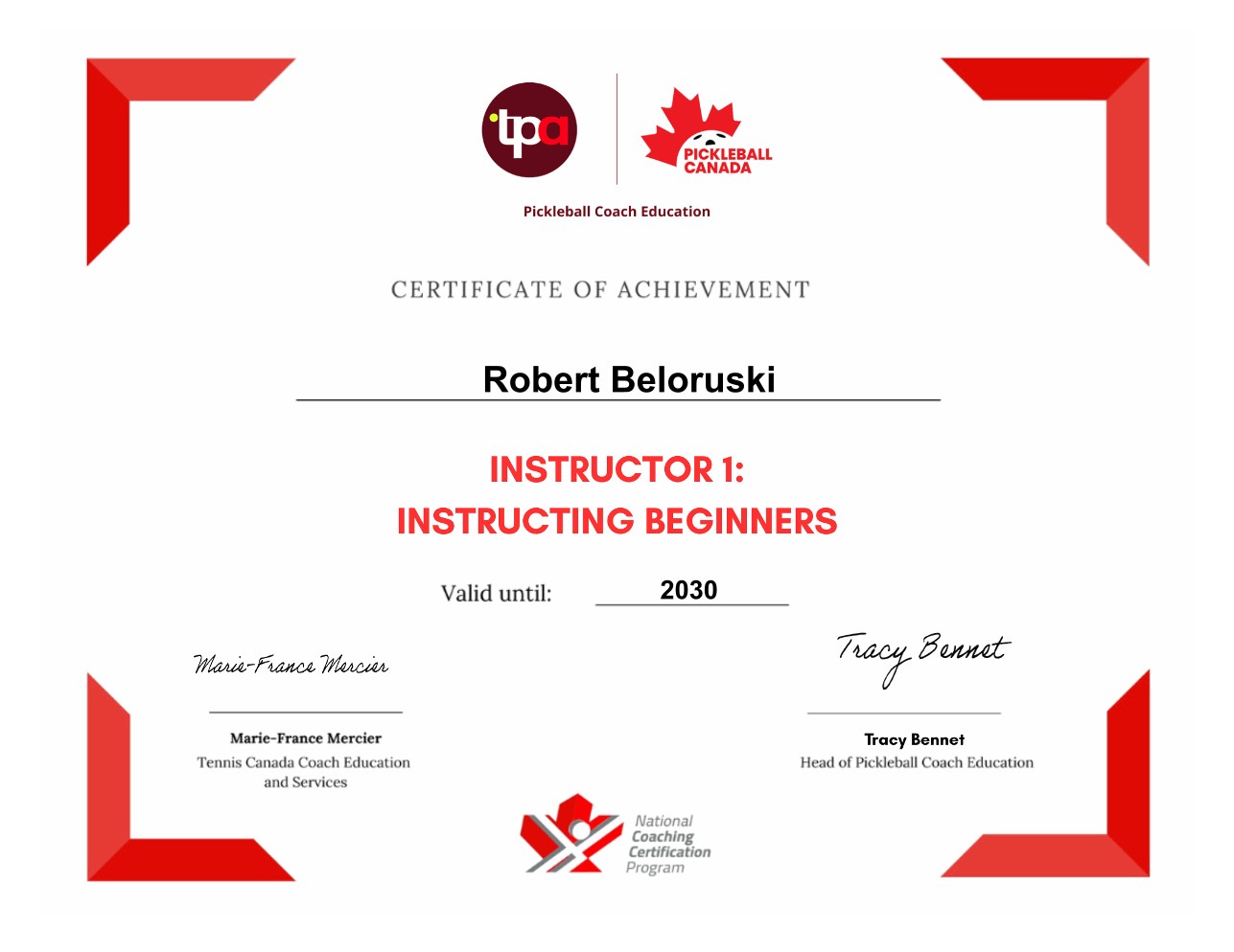 Pickleball Canada Level 1 Coach certificate for Robert Beloruski