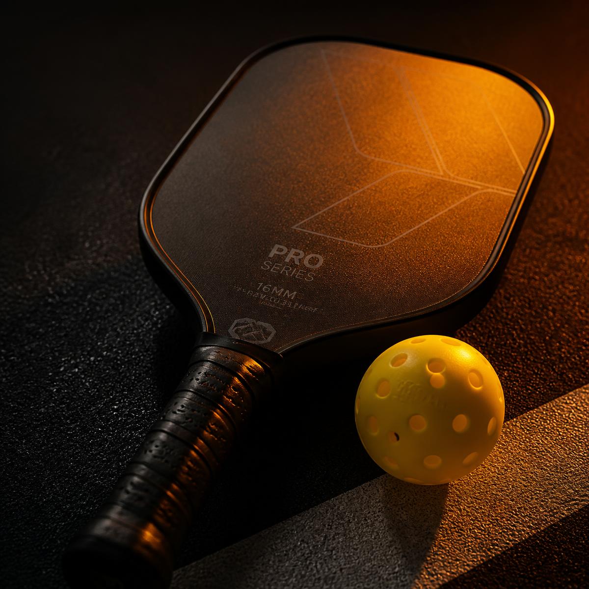 Pickleball paddle and ball under warm light